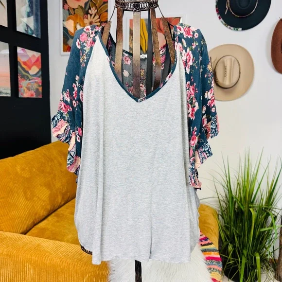 Maurice’s | Floral Sleeve Ribbed Top | XL - Picture 1 of 5